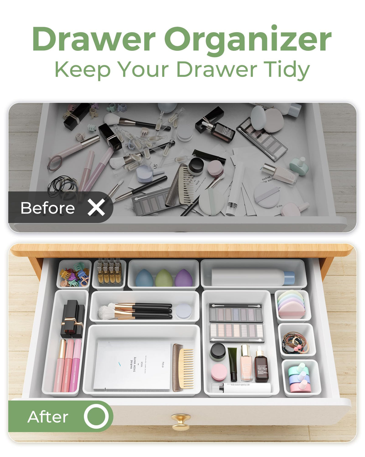BiuLeon 25 PCS Plastic Drawer Organizers Set, 4-Sizes Vanity and Makeup Organizer, Desk and