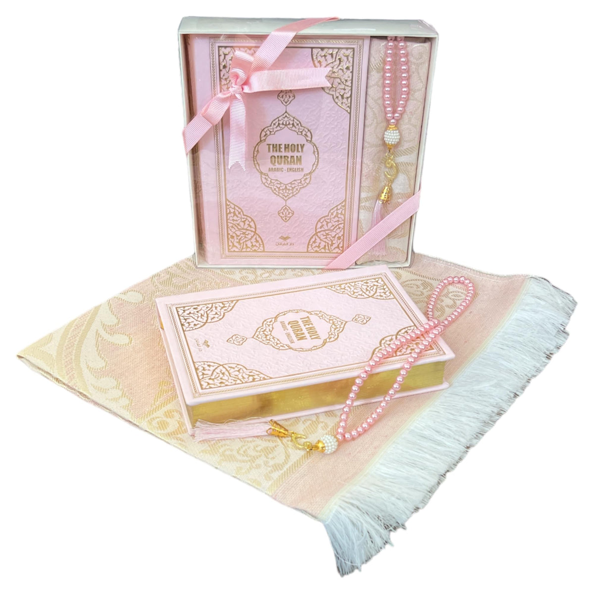 English Translate Thermo Leather Covered Quran, Tafta Prayer Mat and Beads Set |Quran