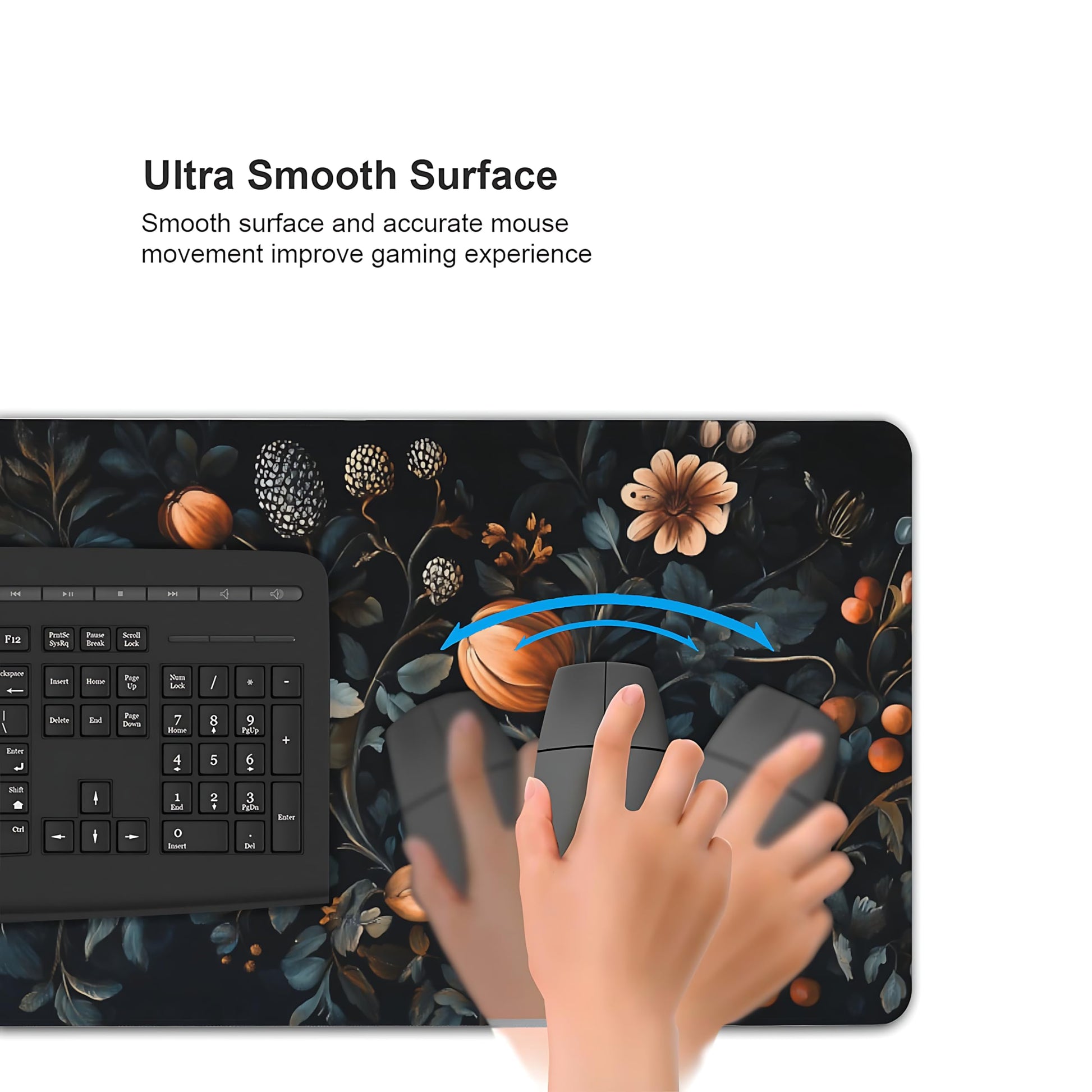 Floral Aesthetic Flower Bud Gaming Mouse Pad, Black Dark Botanical Desk Mat with Anti-Slip Base &