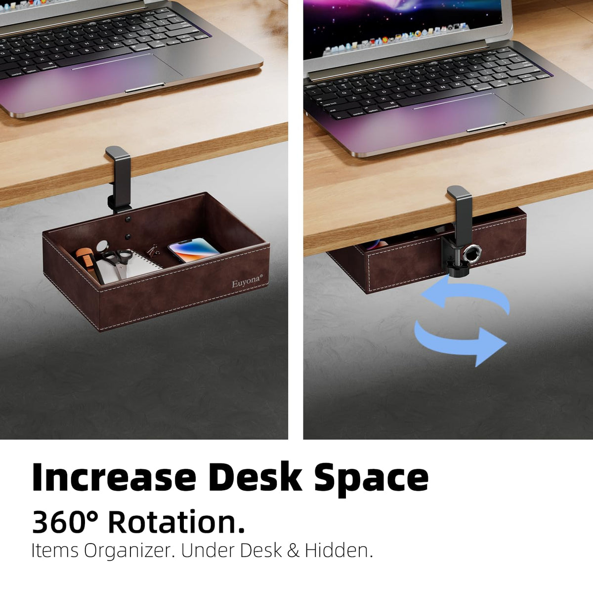 Under Desk Drawer, Clamp on Desk Organizer Hanging Desk Storage PU Leather