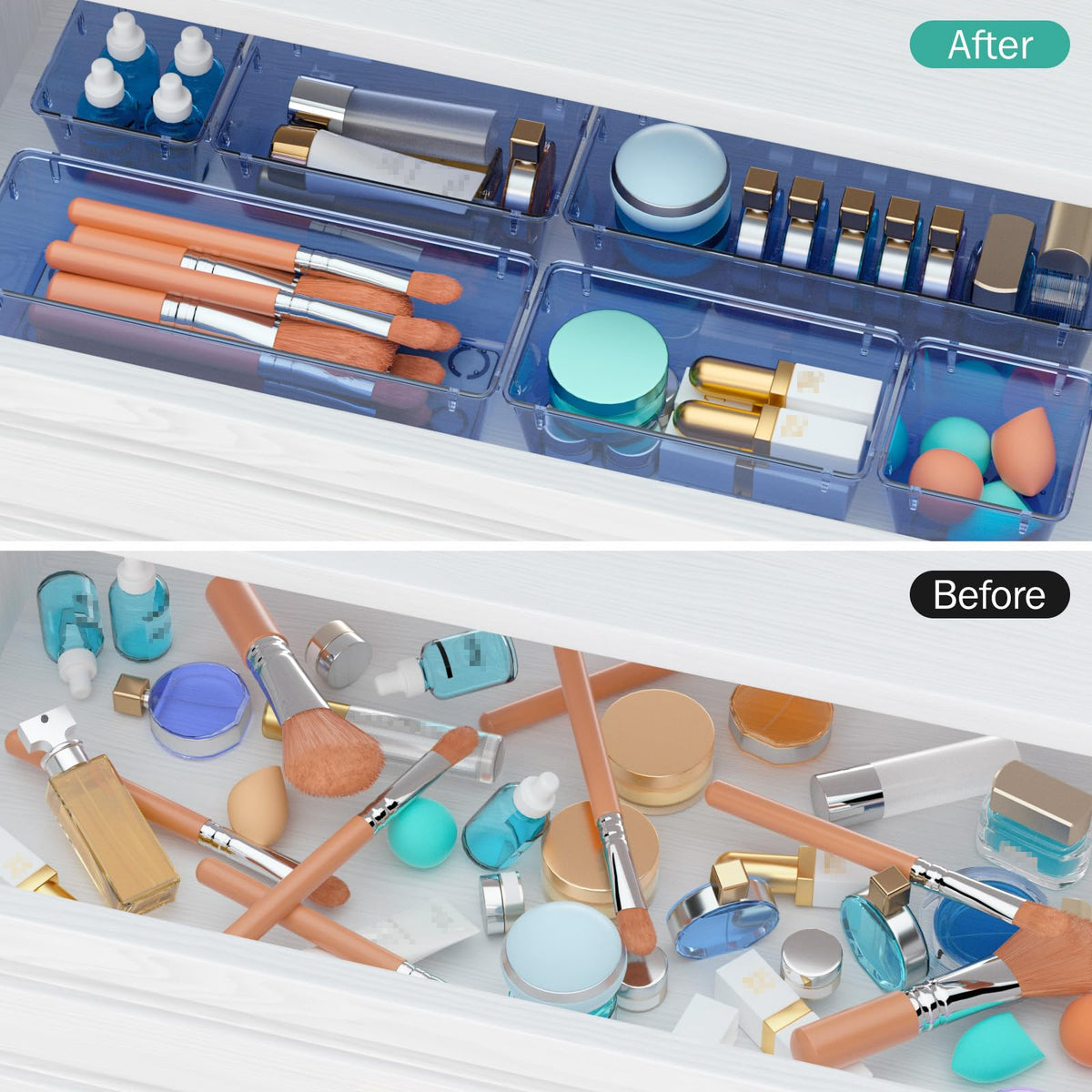 6 Pack Clear Drawer Organizer Set, Drawer Storage Trays, Storage Bins
