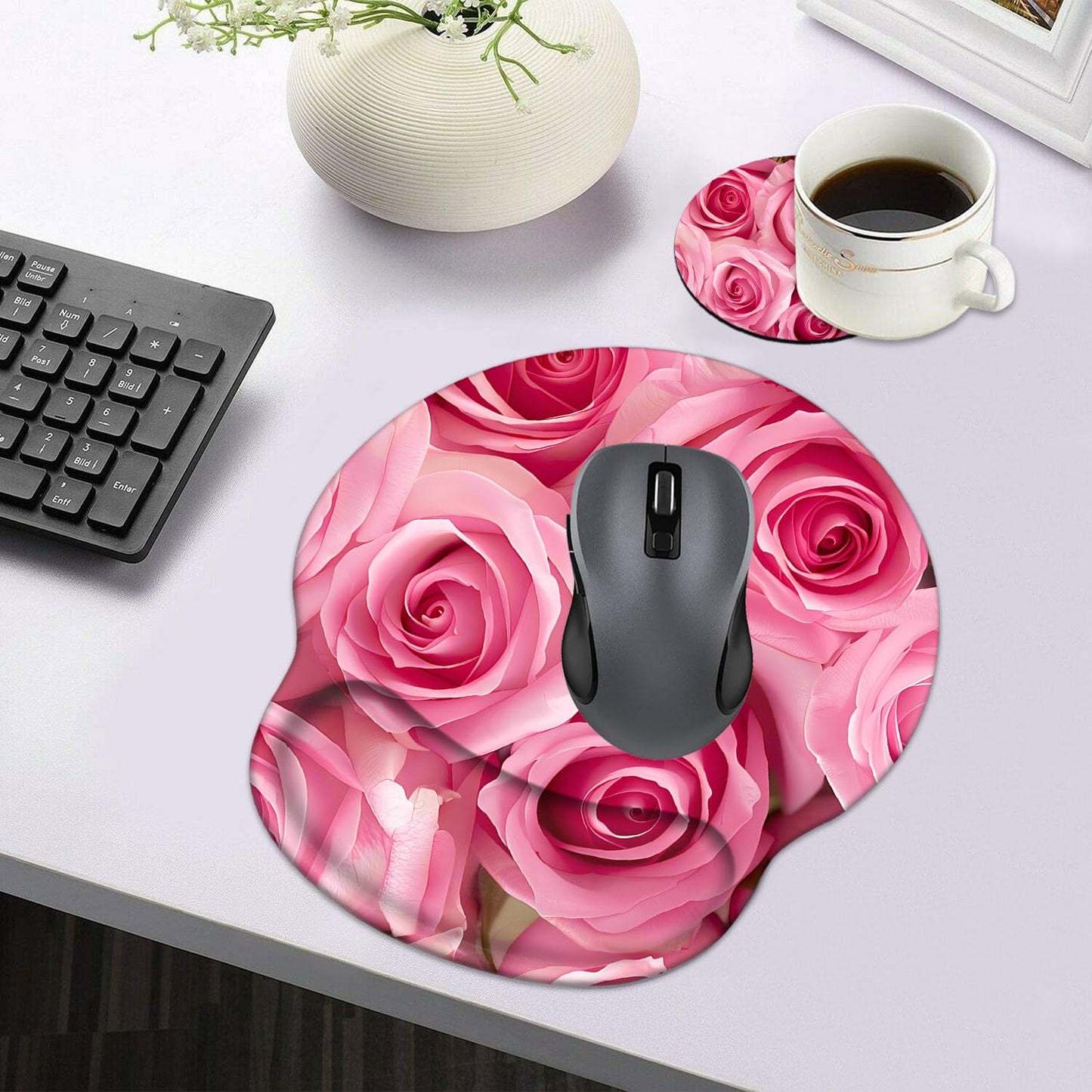 LOWORO Ergonomic Mouse Pad Wrist Support with Coasters Set, Cute Large Wrist Rest Pad with Non-Slip