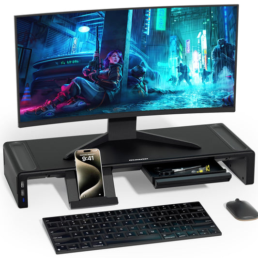 Adjustable Monitor Riser with Drawer & Phone Holder, Foldable Desk Stand