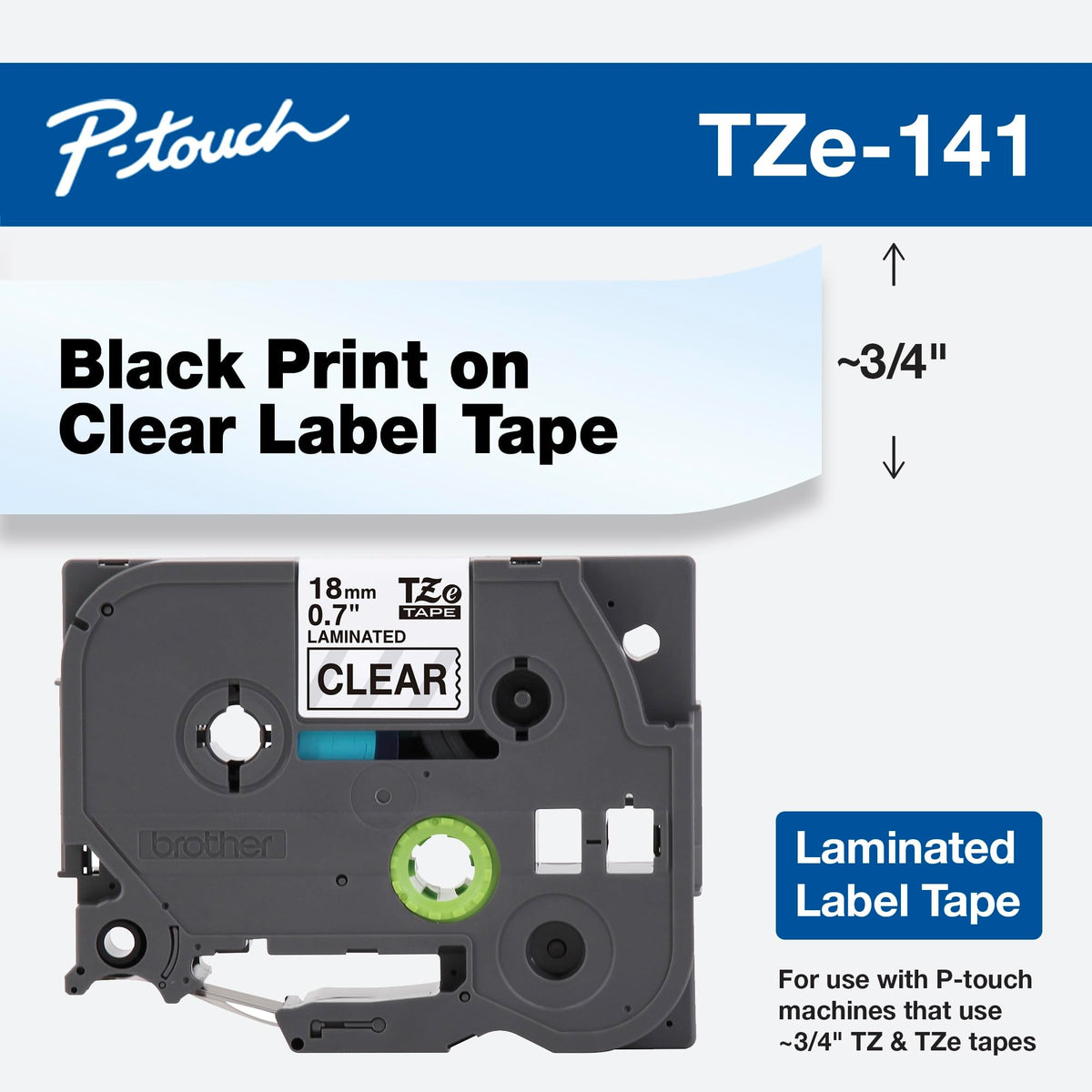 Brother Tape, Retail Packaging, 3/4 Inch, Black on Clear (TZe141) (Pack of 1)