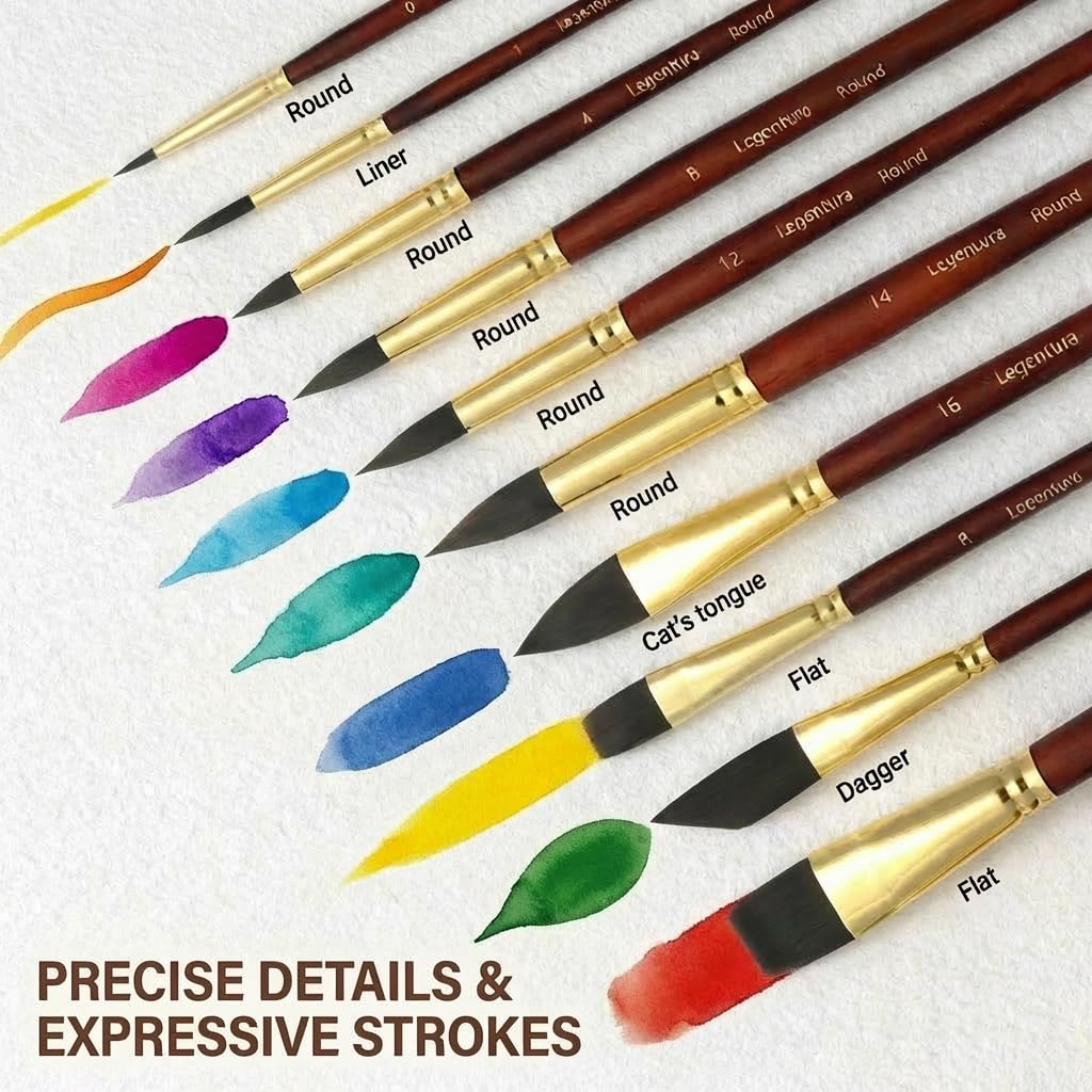 Legentura Professional Watercolor Brushes - 10 Pcs Synthetic Squirrel Watercolor Paint Brush Set