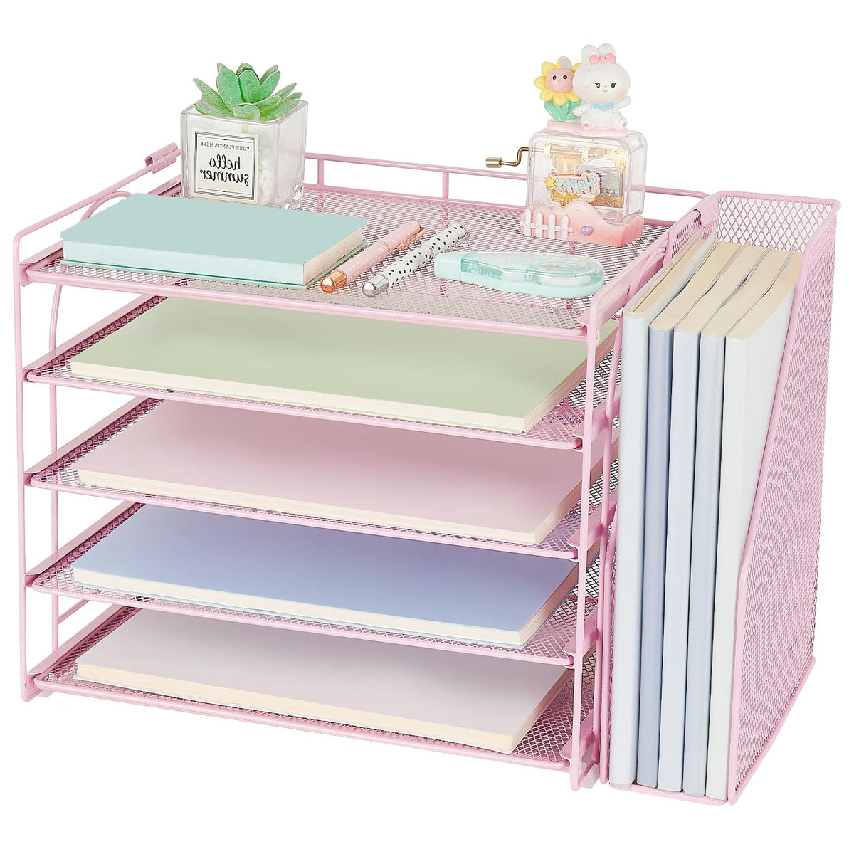AUPSEN Pink Desk Organizers and Accessories, 5-Tier Desktop Paper File Organizer with Removable