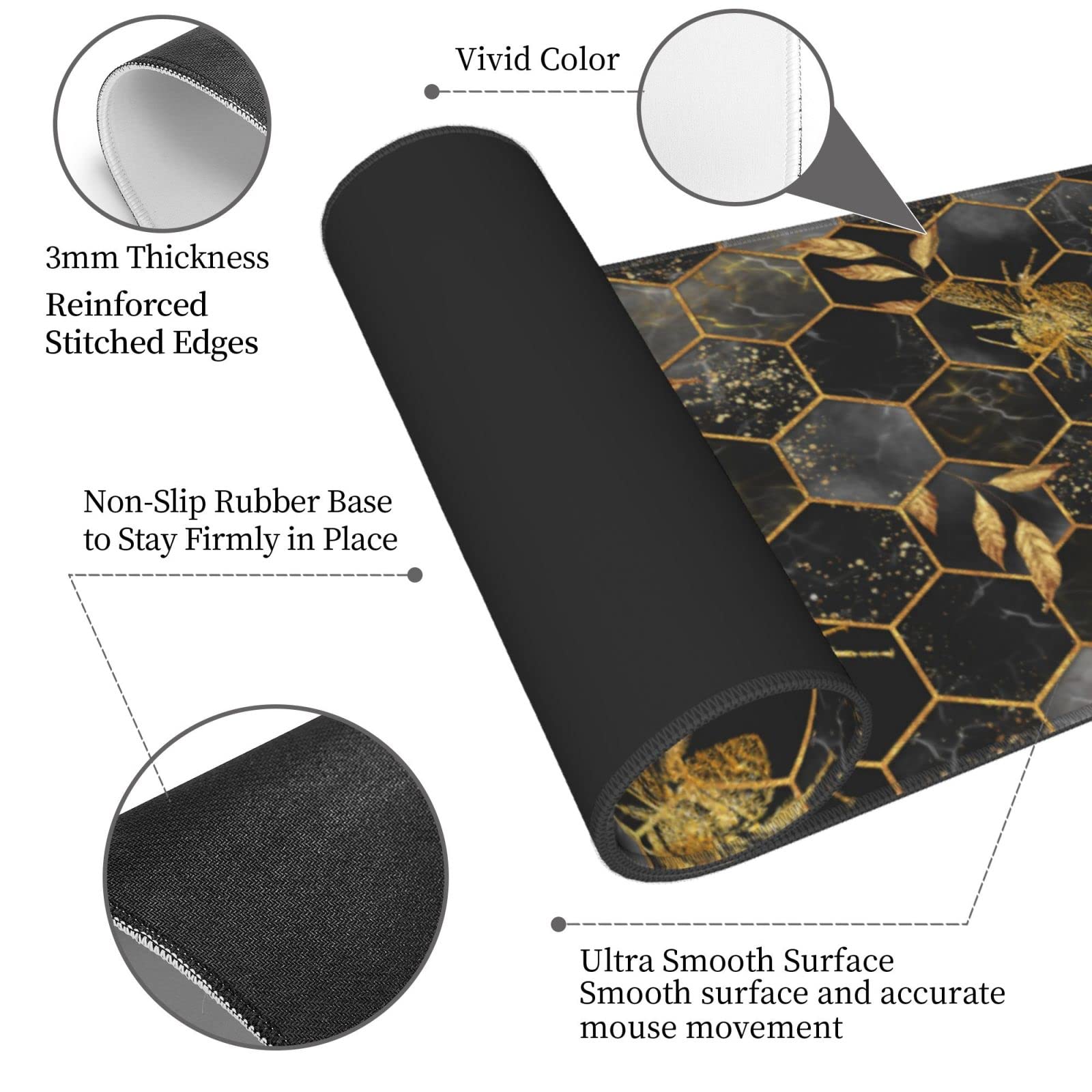 Honeycomb Gold Bee Leaf Hexagon XXL XL Large Gaming Mouse Pad for Desk, Non-Slip Long Extended