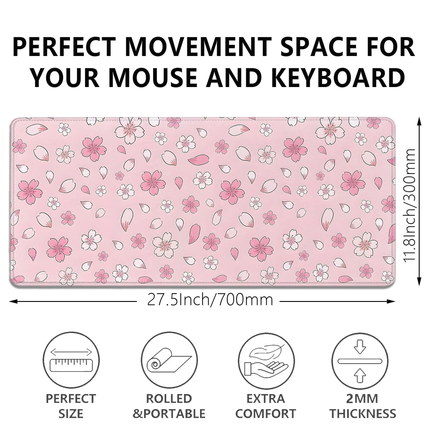 Japanese Cherry Blossoms Extended Desk Pad Mouse Pad,Large Gaming Floral Mouse Mat with Stitched