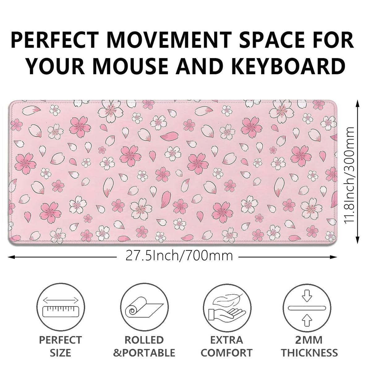 Japanese Cherry Blossoms Extended Desk Pad Mouse Pad,Large Gaming Floral Mouse Mat with Stitched