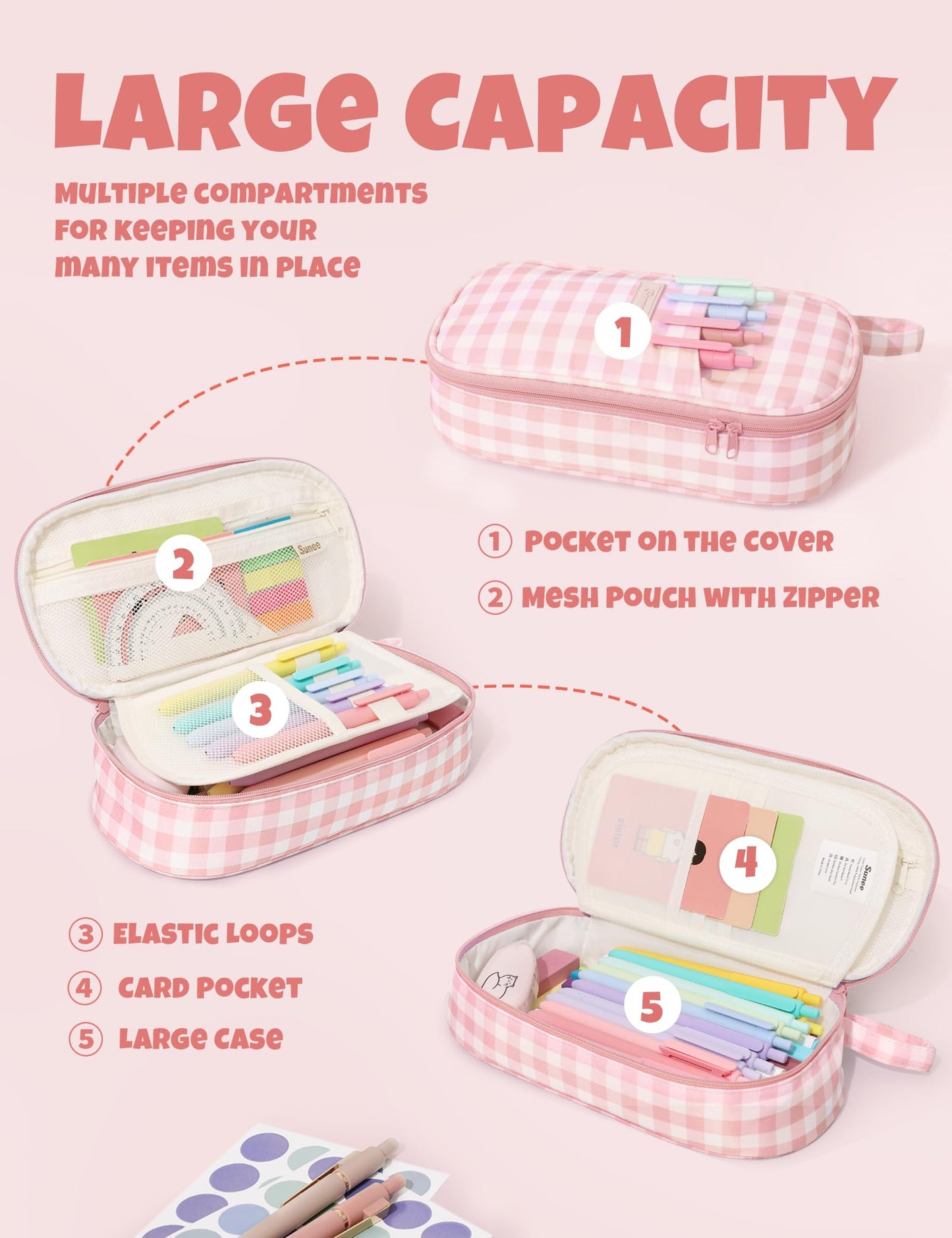 SUNEE Cute Pencil Case, Large Colored Pencil Pouch, Aesthetic Pen Bag with Zipper, Kawaii