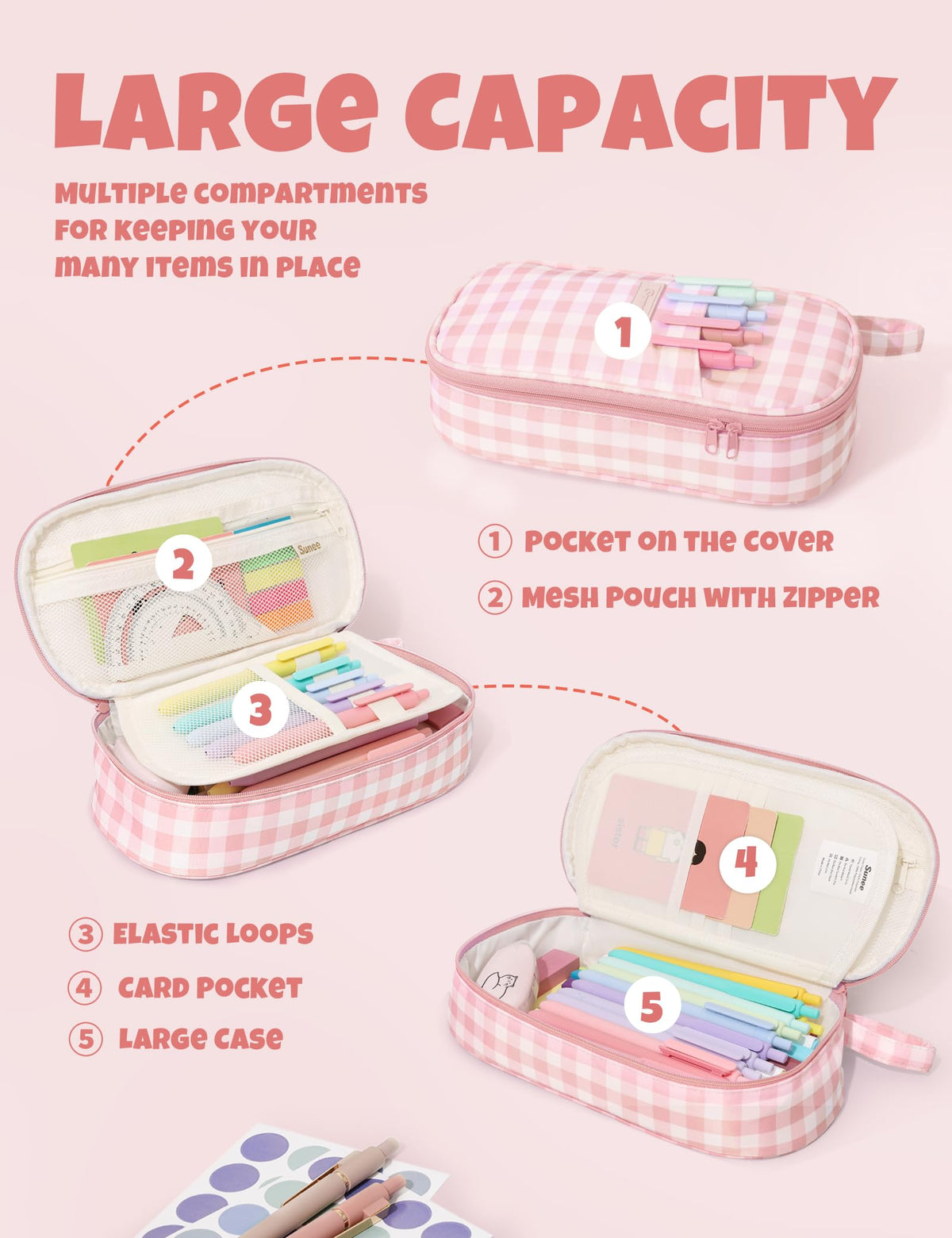 SUNEE Cute Pencil Case, Large Colored Pencil Pouch, Aesthetic Pen Bag with Zipper, Kawaii