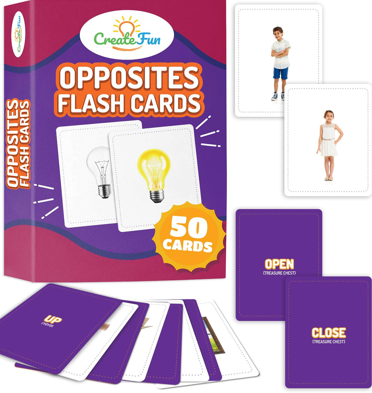 CreateFun Opposites Flash Cards, 50 Realistic Matching Photo Cards,25 Pairs