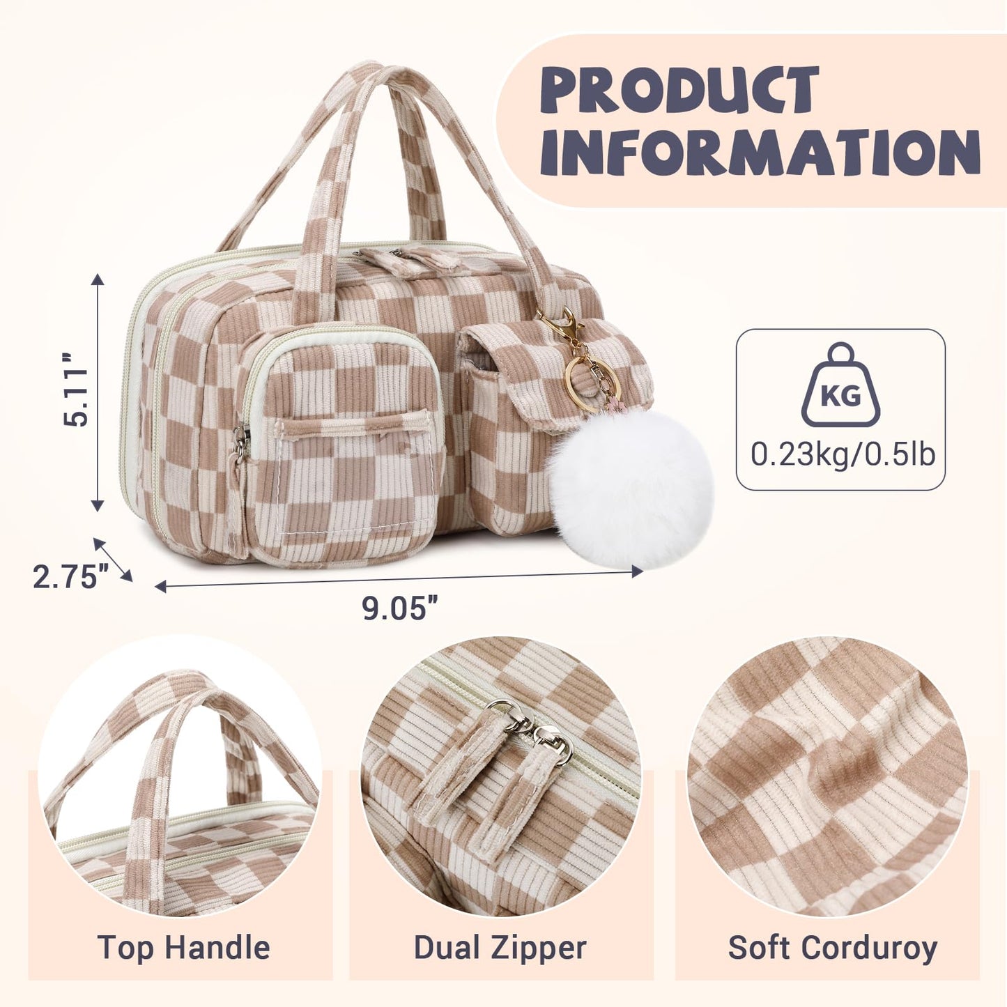 QIXIHU Pencil Case Corduroy Multiple Compartments Pouch Bag for Girl, Khaki