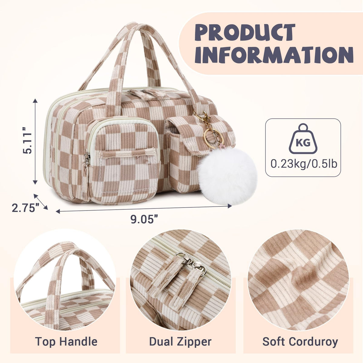 QIXIHU Pencil Case Corduroy Multiple Compartments Pouch Bag for Girl, Khaki