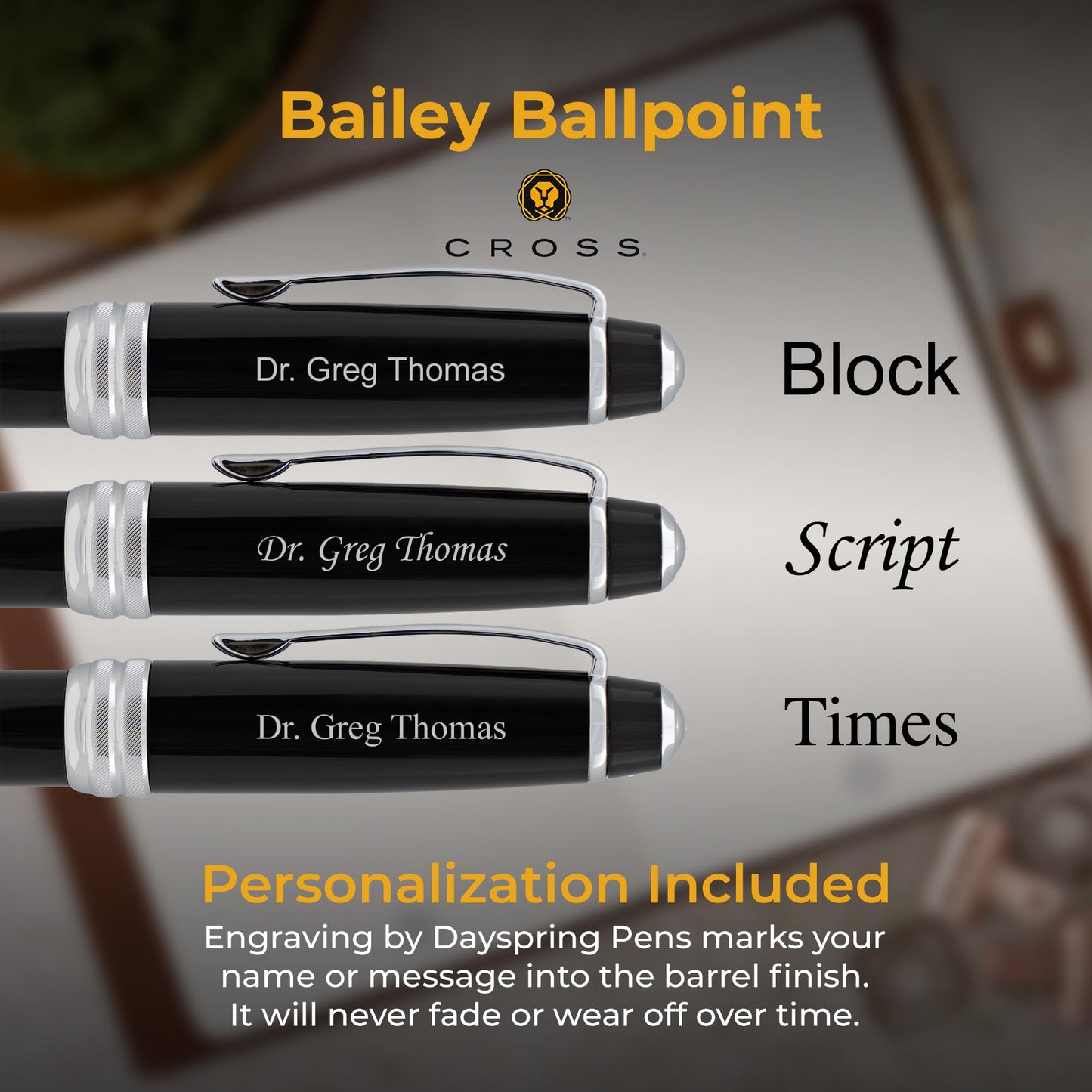 Cross Bailey Personalized Ballpoint Pen in Black Lacquer with Chrome Trim
