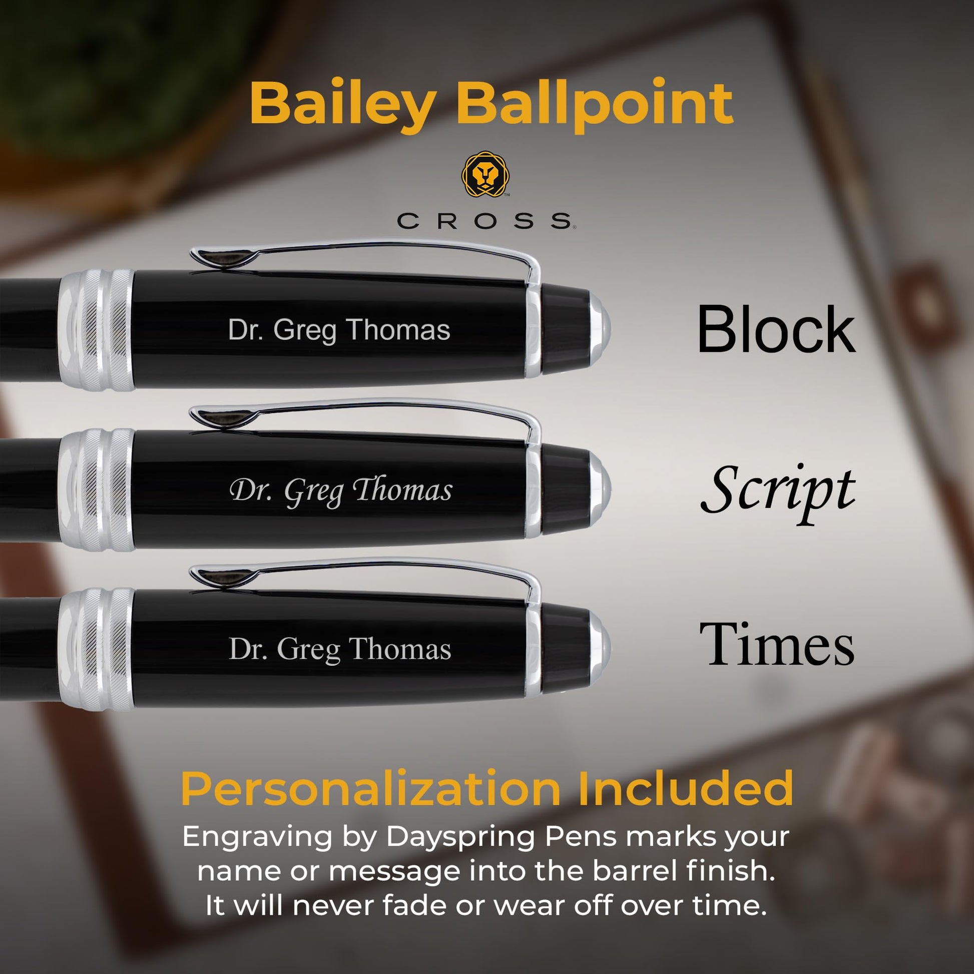 Cross Bailey Personalized Ballpoint Pen in Black Lacquer with Chrome Trim
