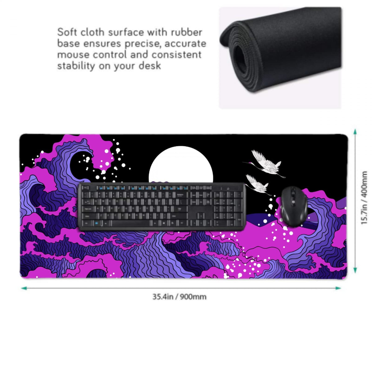 Japanese Balck Blue Purple Wave Gaming Mouse Pad 35.4 X 15.7 Inch XXL Cool Style Art Design Full