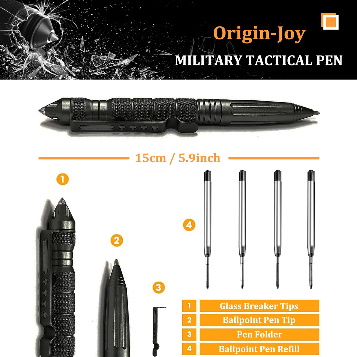 Origin-Joy 4 Pack Tungsten Steel Military Tactical Pen Set, Multifunctional EDC Self Defense Pen