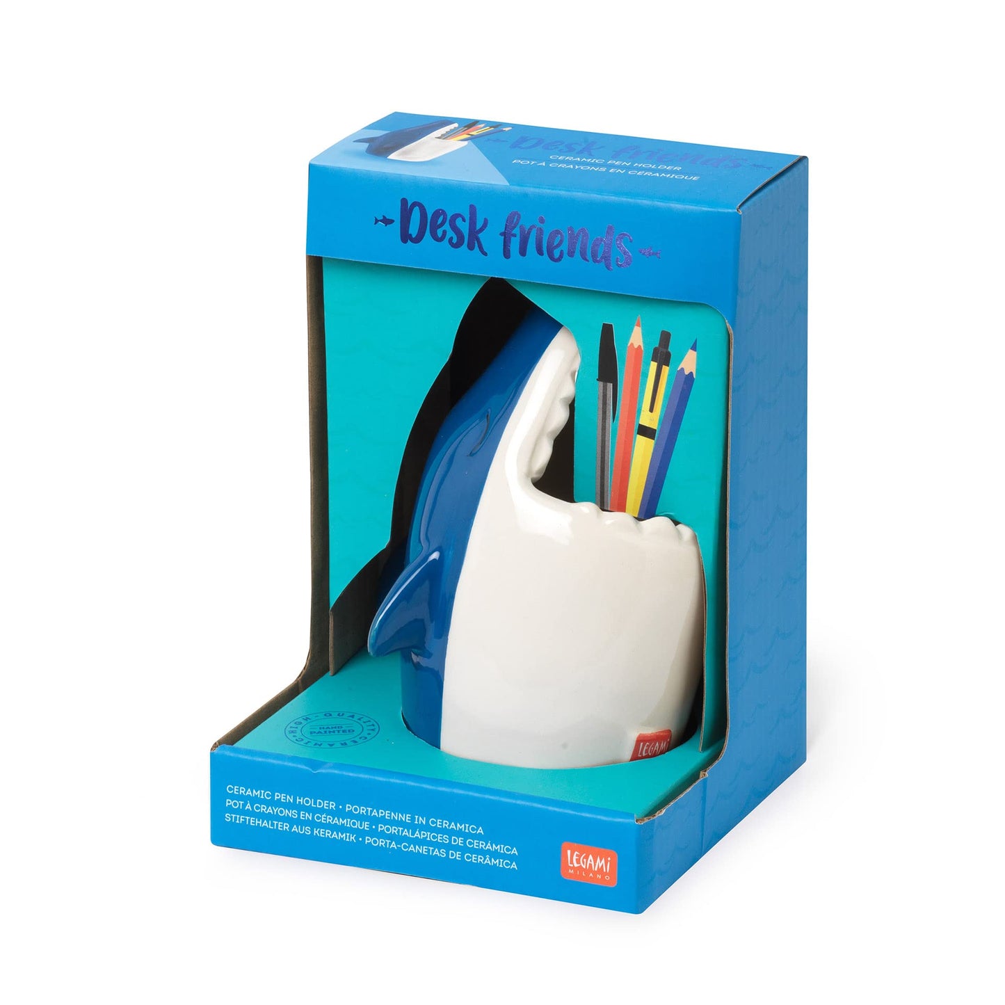 LEGAMI Desk Friends Ceramic Pen Holder, 12.5 x 7.5 cm, Shark Theme, for Desk, Hand Painted