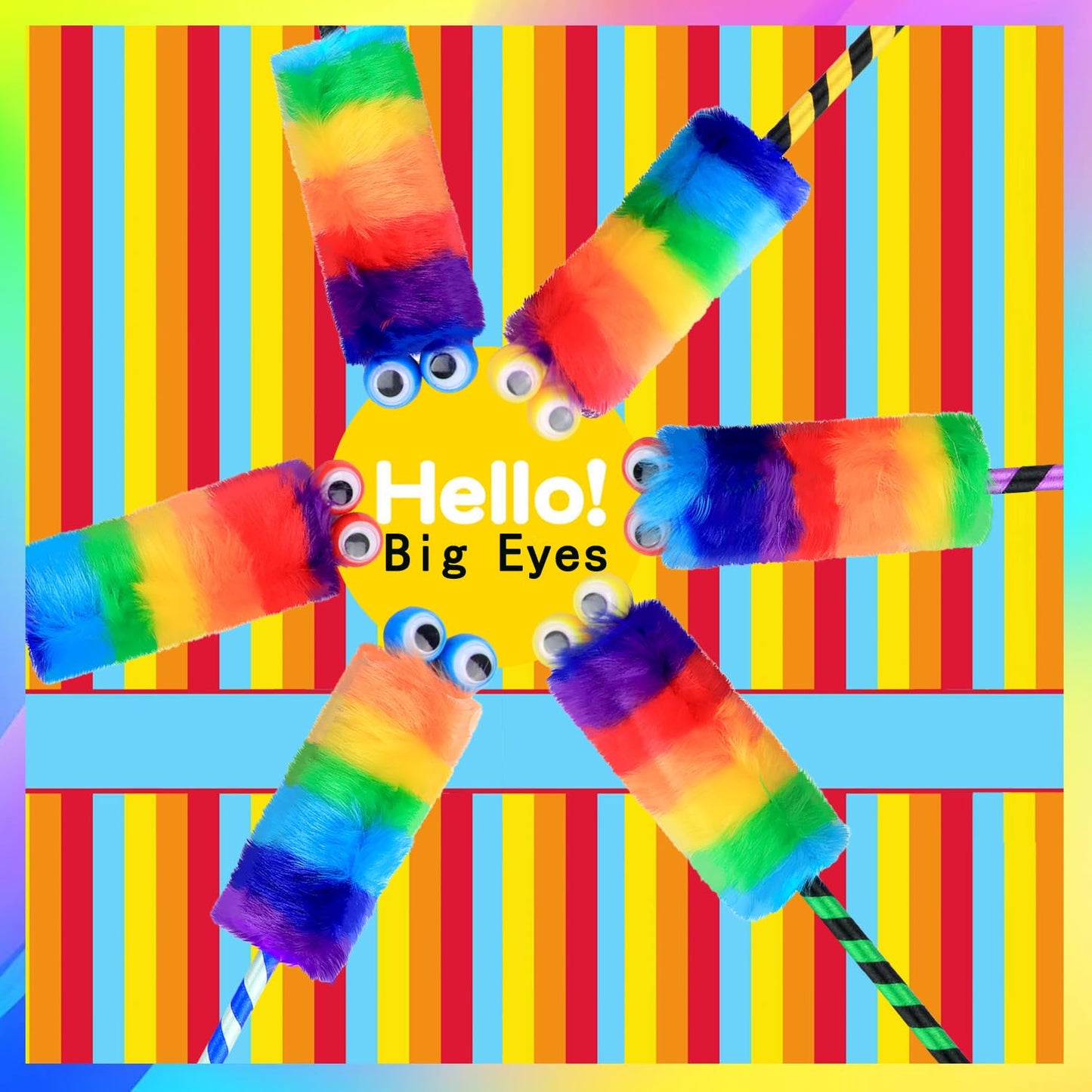 Abhay 6 Pack Big Eyes Fluffy Colorful Rainbow pom pom Pens for Girls - Party Supplies