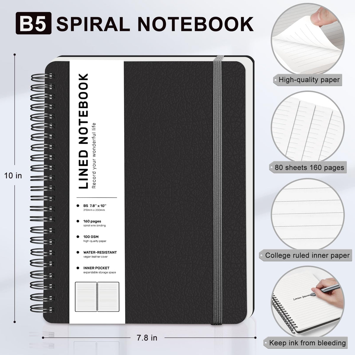 Lined Spiral Notebook for Women, B5 College Ruled Leather Spiral Journals