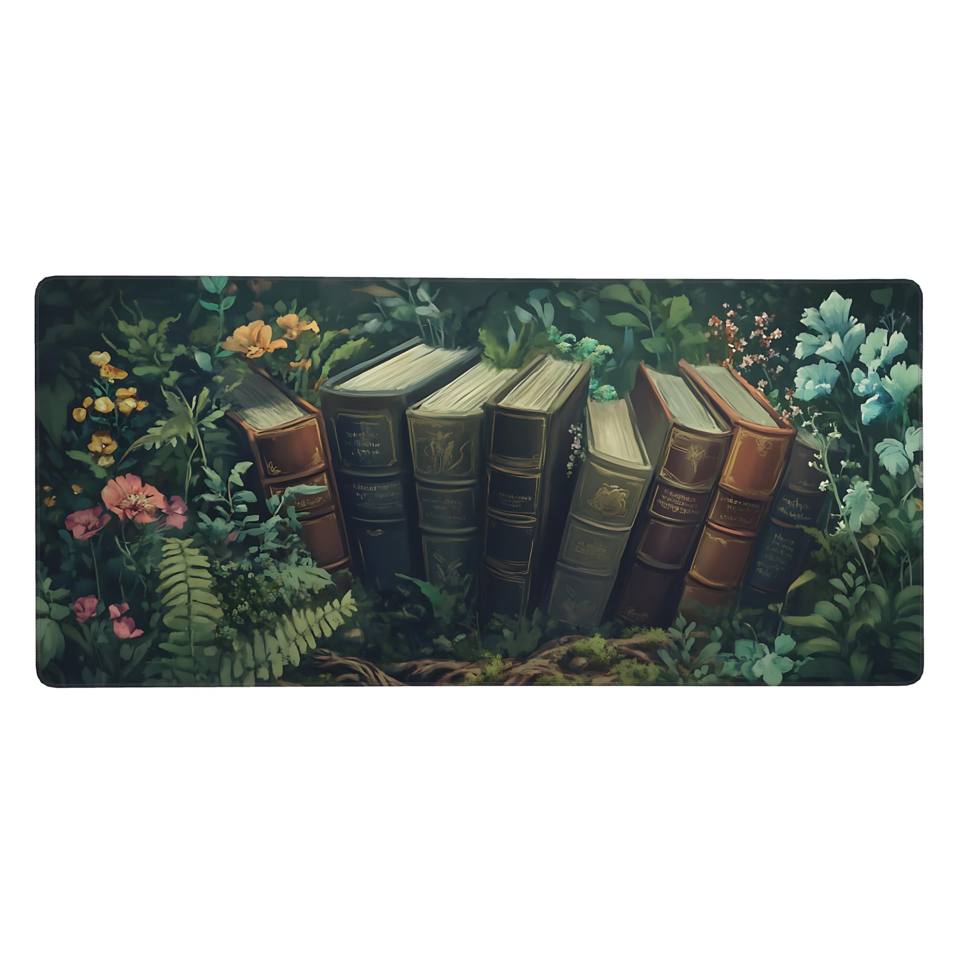 Floral Aesthetic Book Gaming Mouse Pad, Forest Green Moody Forest Desk Mat with Anti-Slip Base &