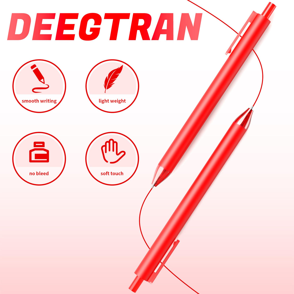 deegtran Pens Bulk, 50 Pack Smooth Red Ink Ballpoint Pens, Wholesale Retractable Pens, No Bleed
