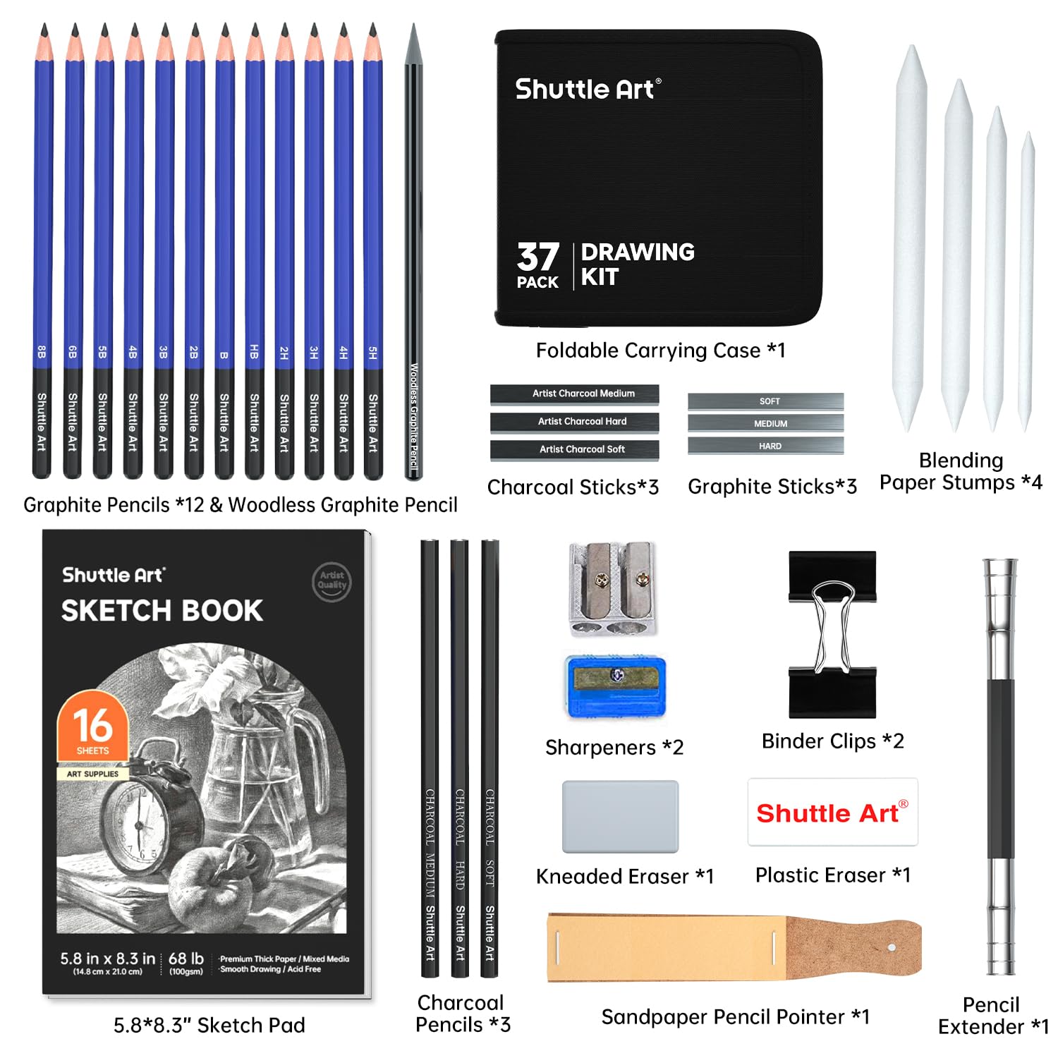 Shuttle Art Sketching and Drawing Pencils Set, 37-Piece Professional Sketch Pencils Set in Zipper