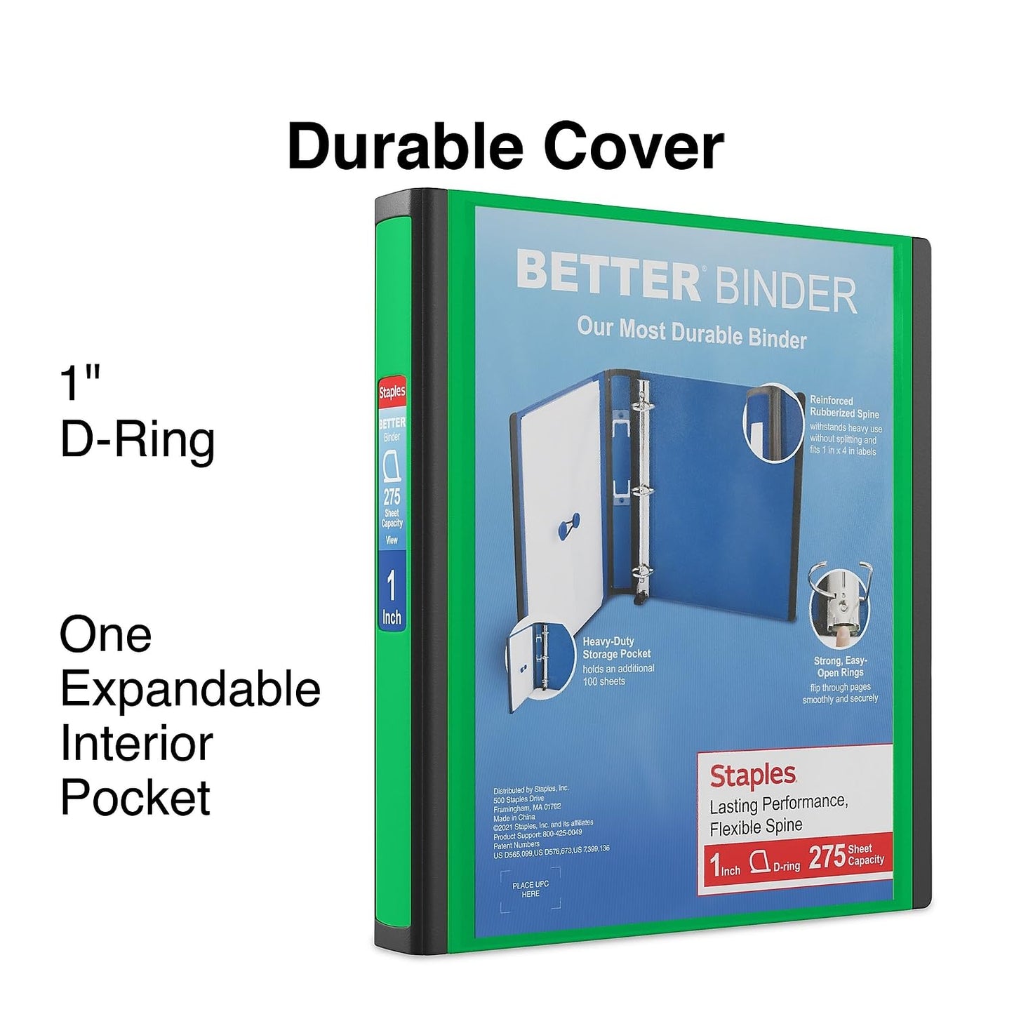 Staples Better Binder, 1 Inch D-Ring, Green, 275 Sheets, 3-Pack