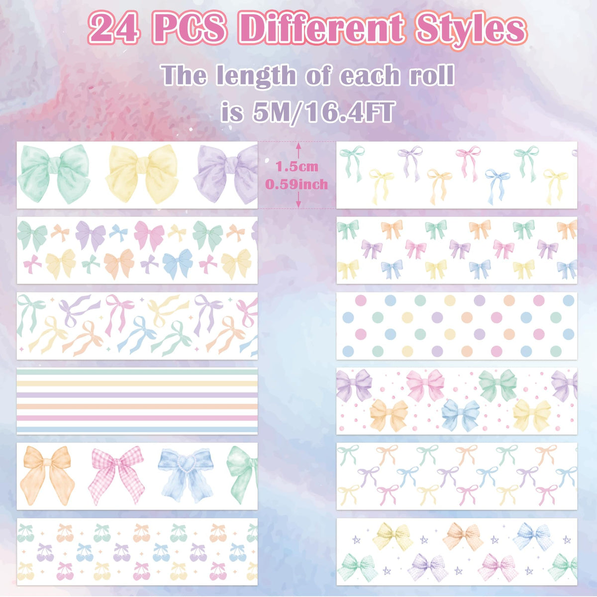 BkeeCten Watercolor Bow Washi Tape - 24 Rolls Colorful Watercolor Bow Pastel Preppy Aesthetic