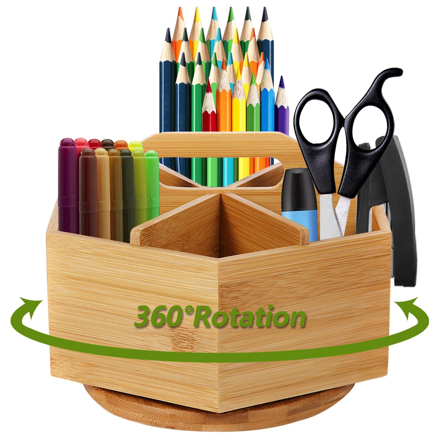 Marbrasse Bamboo Art Supply Organizer, Rotating Pencil Pen Holder, Office Supplies Desktop Storage