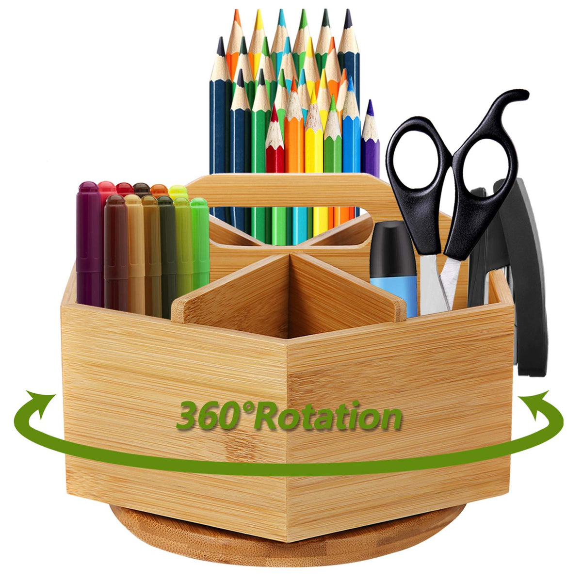 Marbrasse Bamboo Art Supply Organizer, Rotating Pencil Pen Holder, Office Supplies Desktop Storage