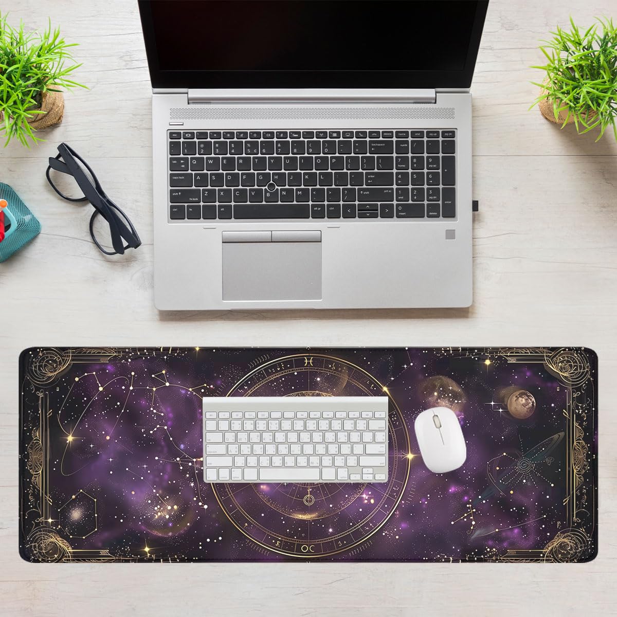 Purple Star Moon Card Desk Pad Mouse Pad Mysterious Galaxy Large Gaming Mouse Mat with Stitched