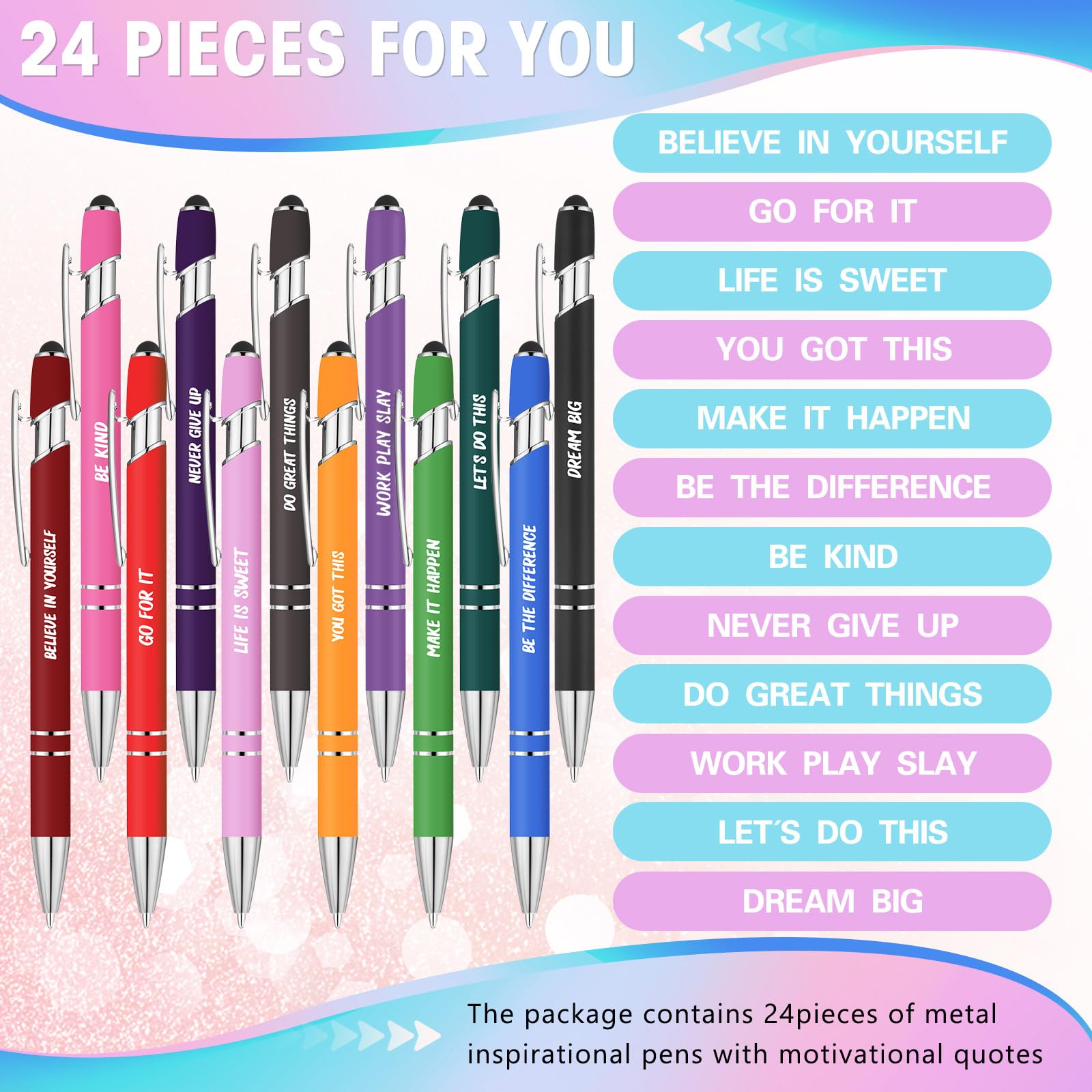 Yeaqee 24 Pcs Inspirational Ballpoint Pens Black Ink Stylus, Multicolored