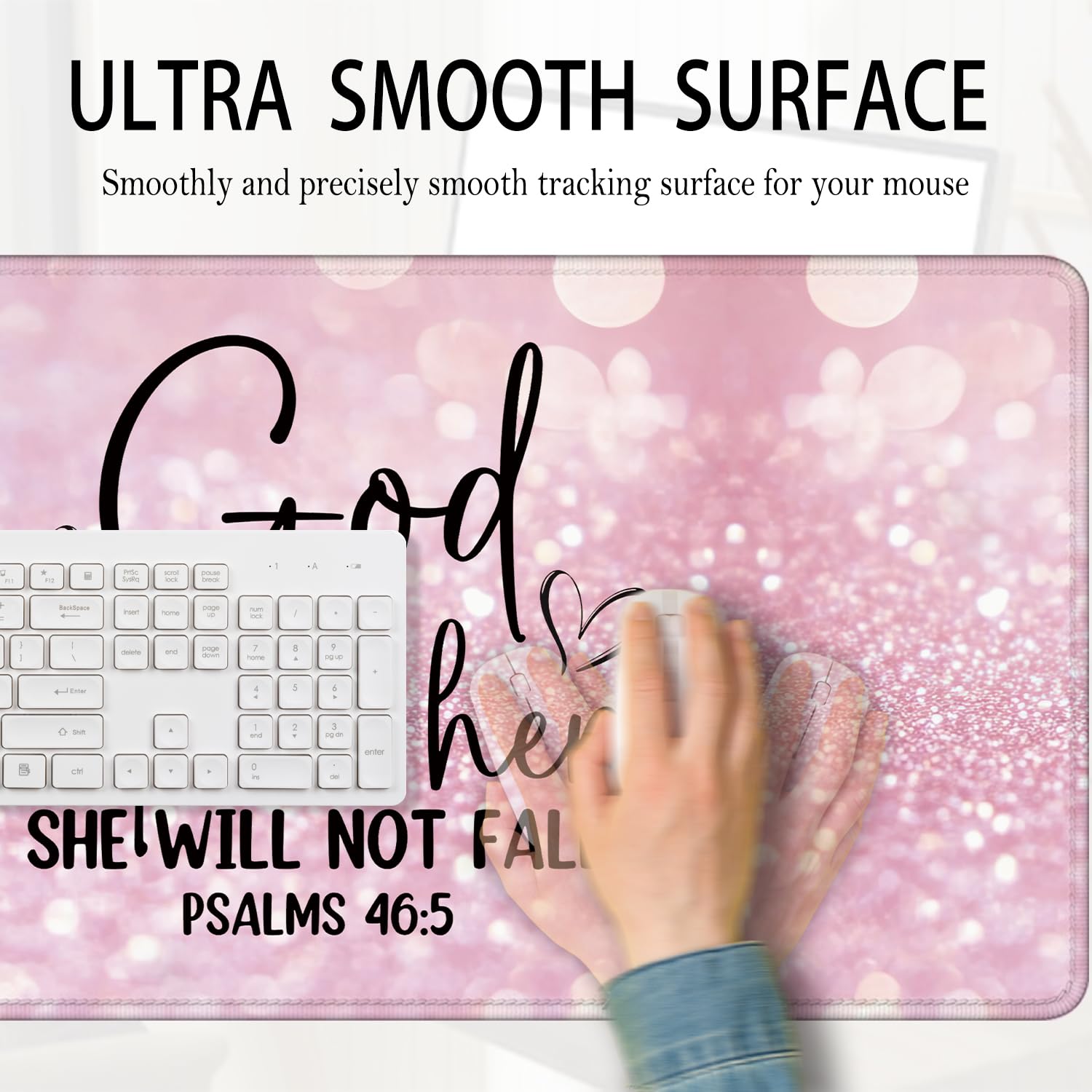 Foritho Pink Christian Mouse Pad 31.5x15.7inch, God is Within Her She Will Not Fall Bible Verse