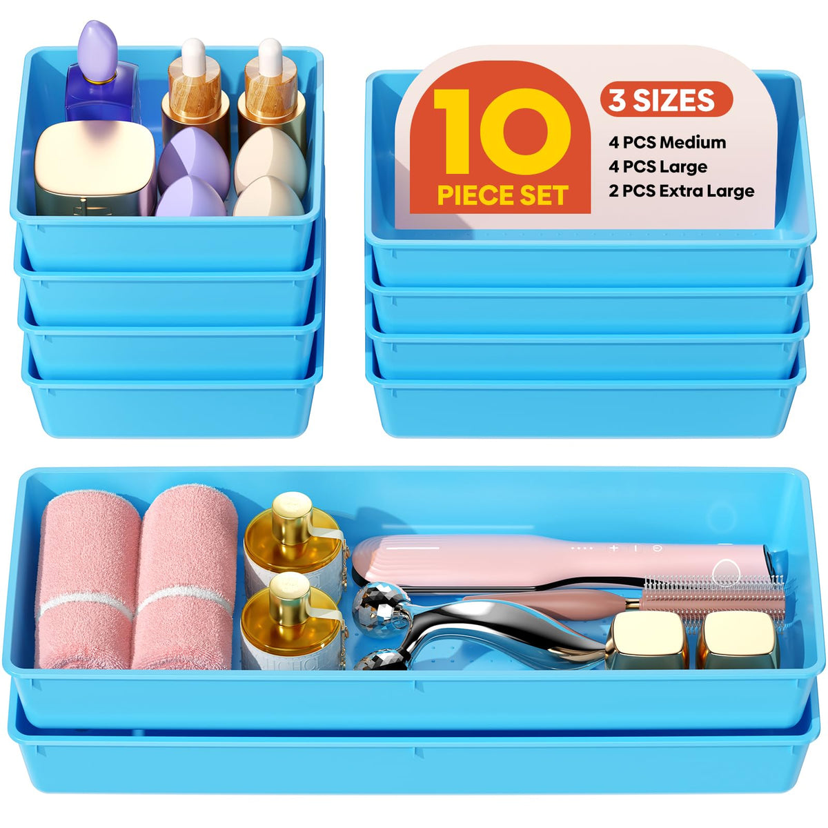 MLIKLU 10 Pack Large Size Plastic Drawer Organizers Set, 3 Sizes Desk Drawer Organizer Trays