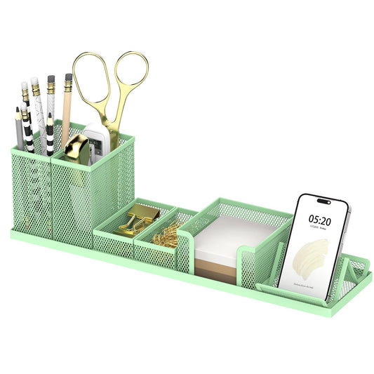Pen Holder for Desk, 6-Piece Mesh Desk Organizer with Phone Holder, Green