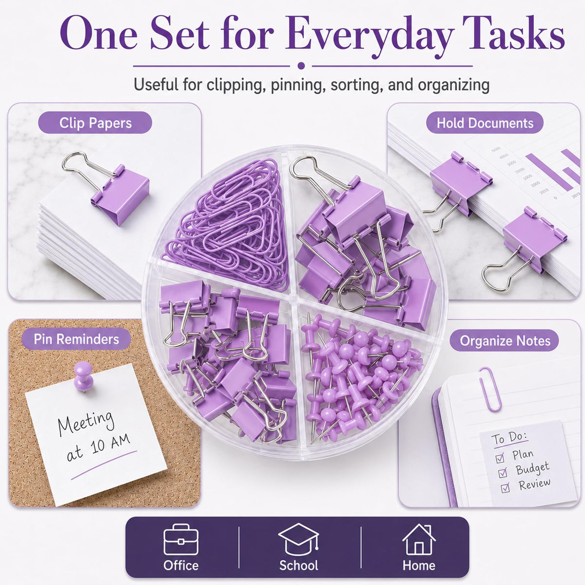 Creechwa Paper Clips Binder Push Pin Set, Assorted Sized Binder Clips