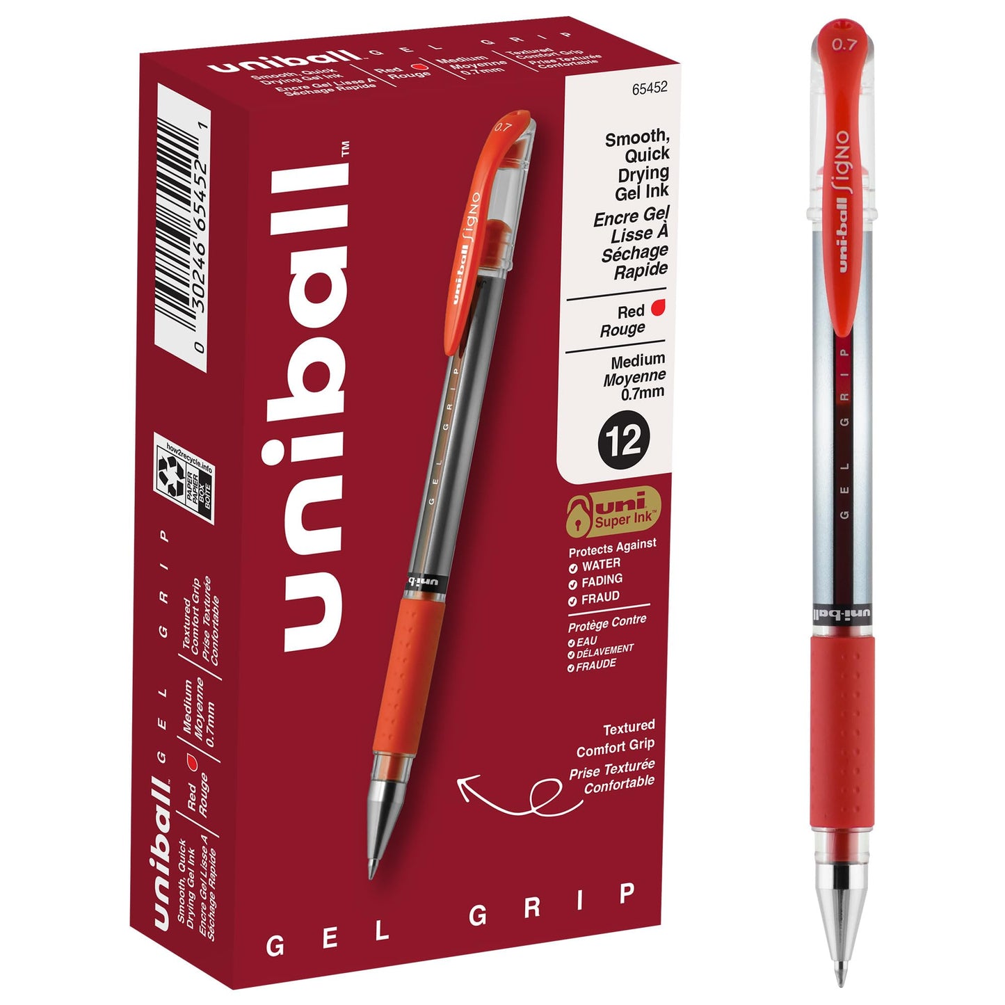 uniball™ Gel Grip Gel Pens, Medium Point (0.7mm), Red, 12 Pack