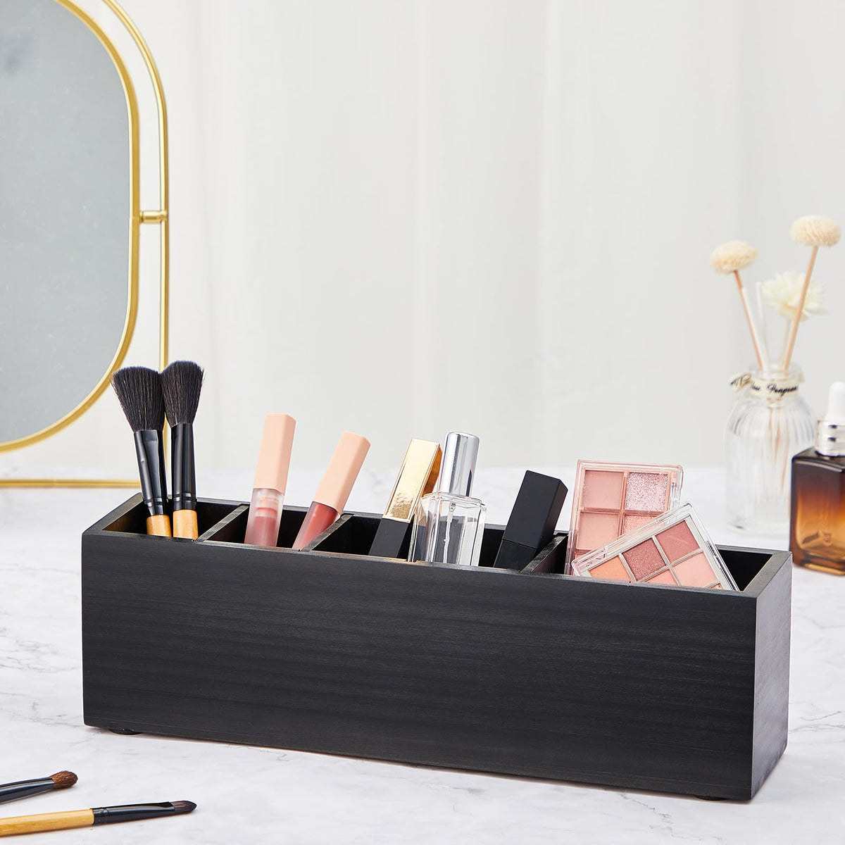 Jetec Wooden Pencil Pen Holder for Desk, Black, 6 Compartments