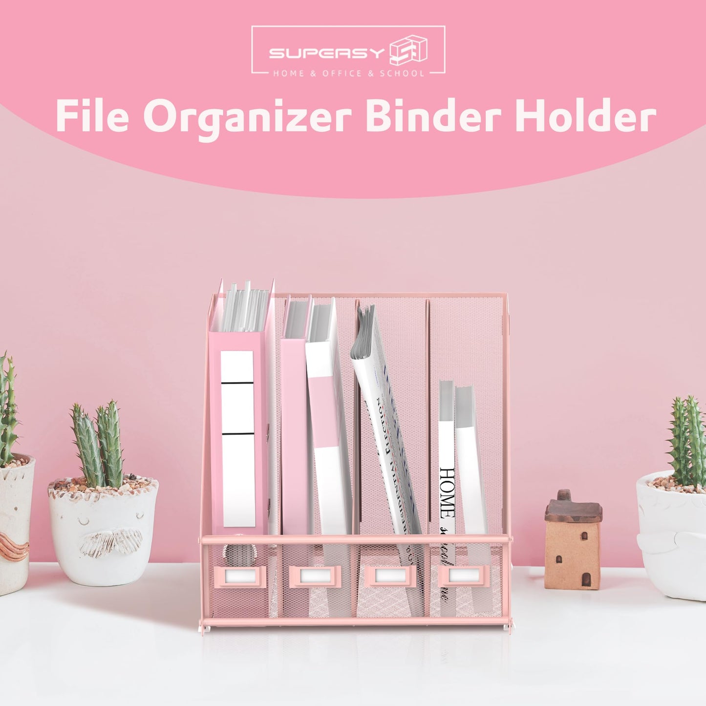 4-Compartment Magazine File Holder and File Organizer for Desk, Pink