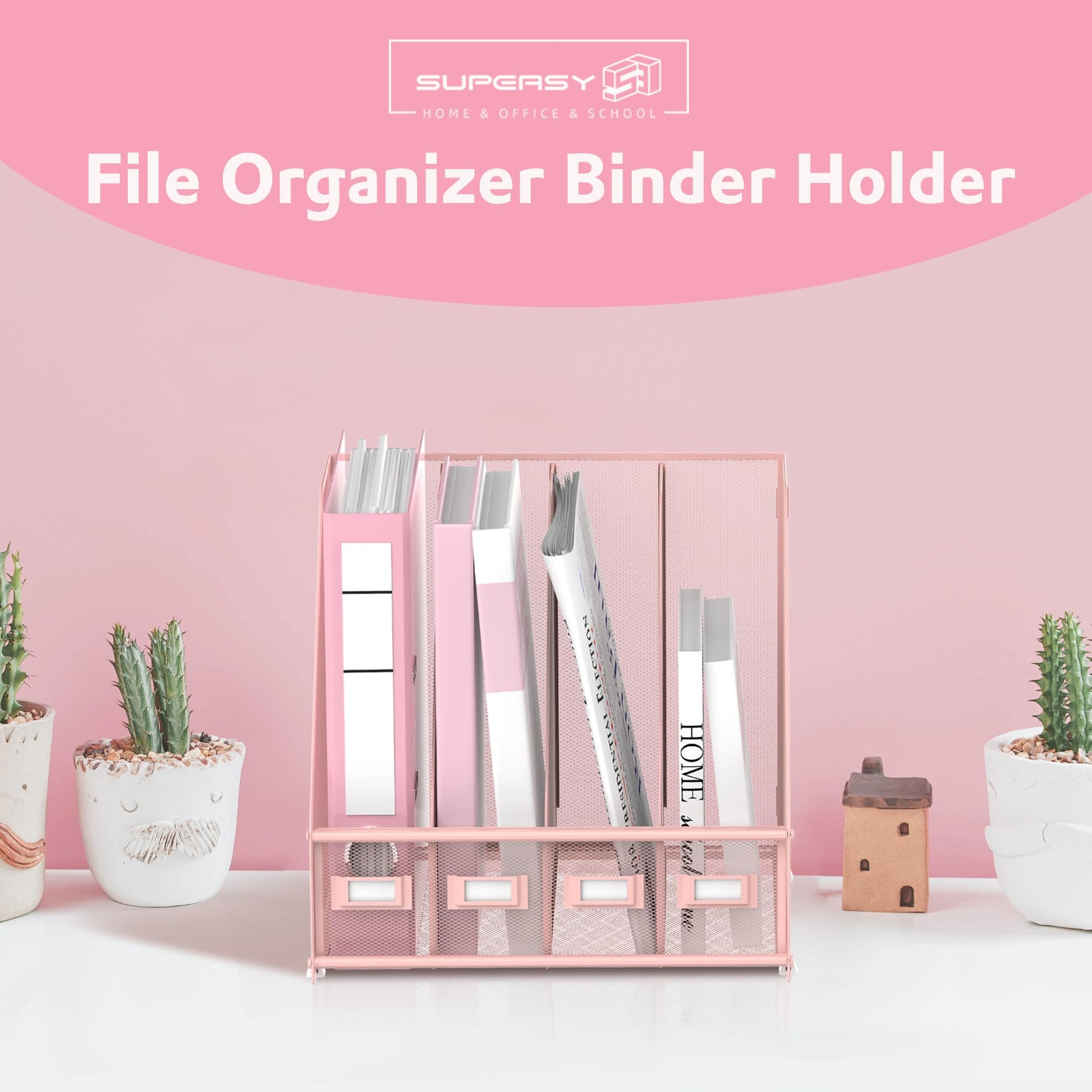4-Compartment Magazine File Holder and File Organizer for Desk, Pink