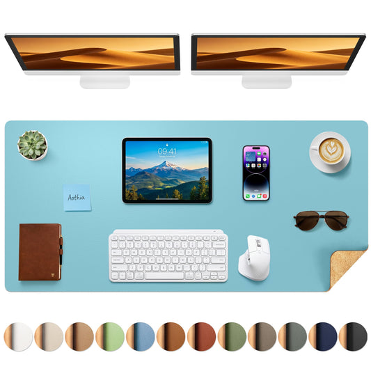 Aothia Cork Desk Mat - Dual-Sided Extra Large Desk Pad & Keyboard Mat, Long PU Leather Desk
