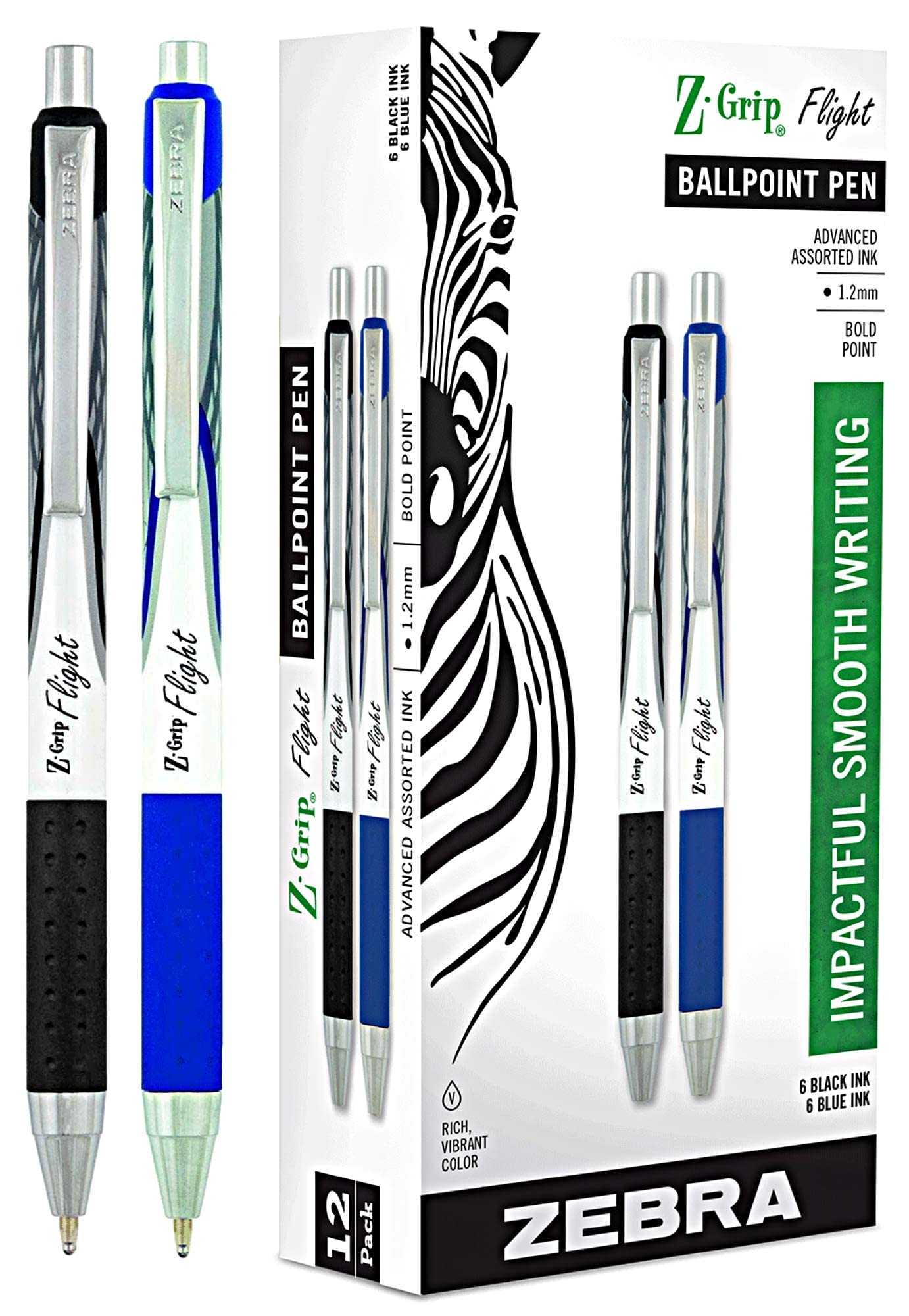 Zebra Pen Z-Grip Flight Ballpoint Pen, Bold Point 1.2mm, 6 Black & 6 Blue Ink Pens, Pack of 12
