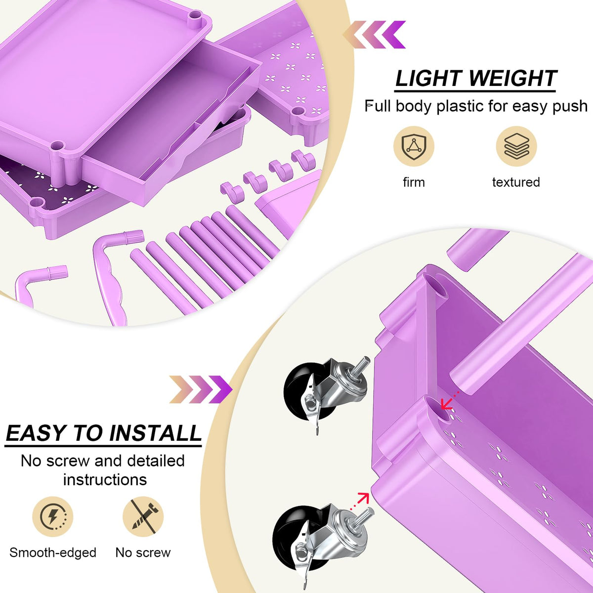 Goovilla 3 Tier Rolling Utility Cart Organizer with Removable Drawer,Purple