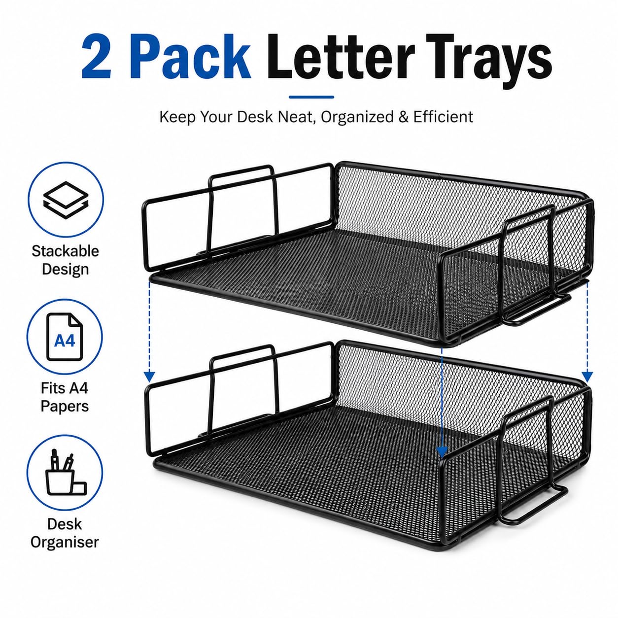 Exerz Letter Trays Stackable Paper Sorter/Desk Organiser/File Tray for Desk - Wire Mesh Metal File