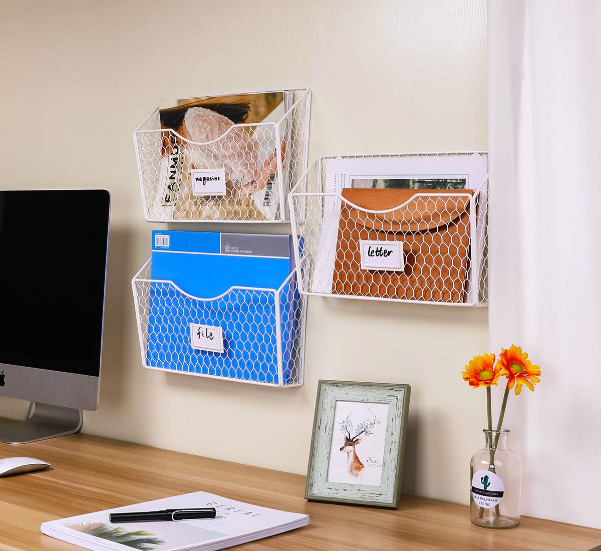 PAG-Mass 3 Pockets Hanging File Holder Wall Mount Mail Organizer Metal Chicken Wire Magazine Rack