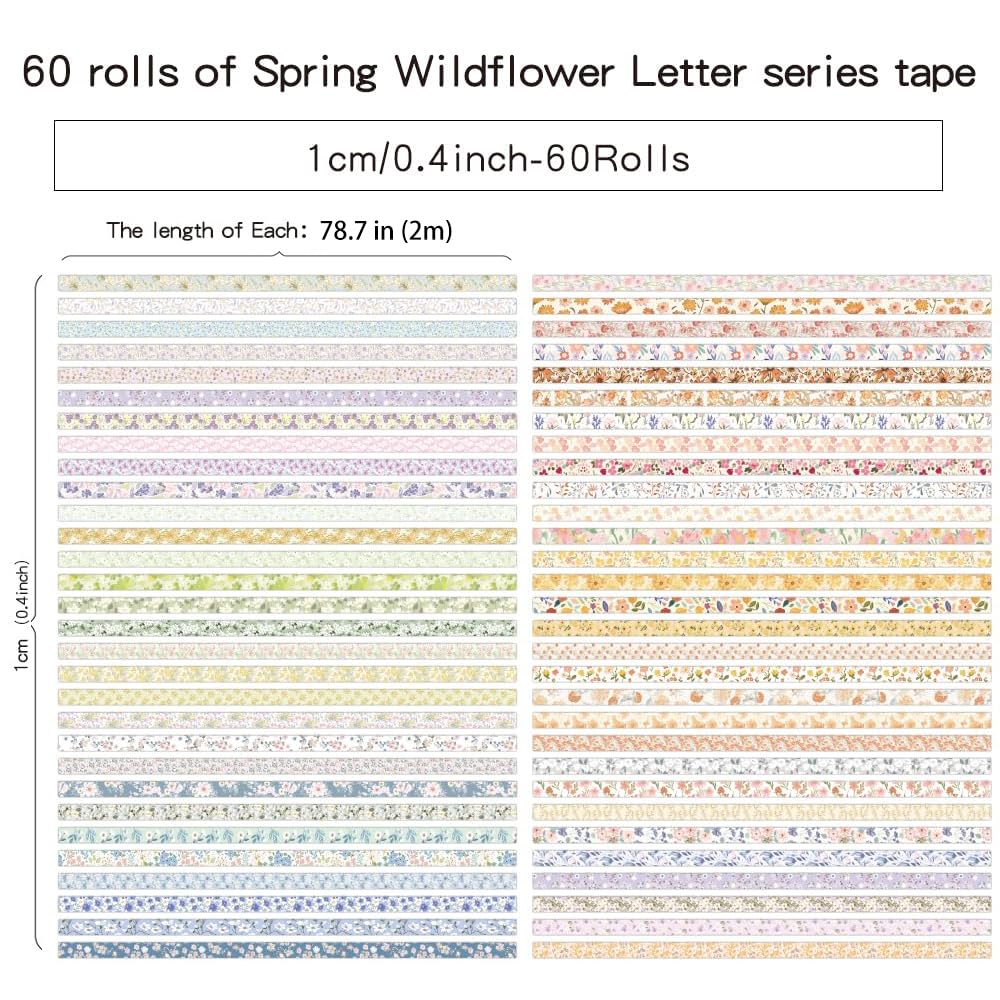 icceemee 60 Rolls Flowers Theme Washi Tape Set with Different Colorful Patterns, Writable