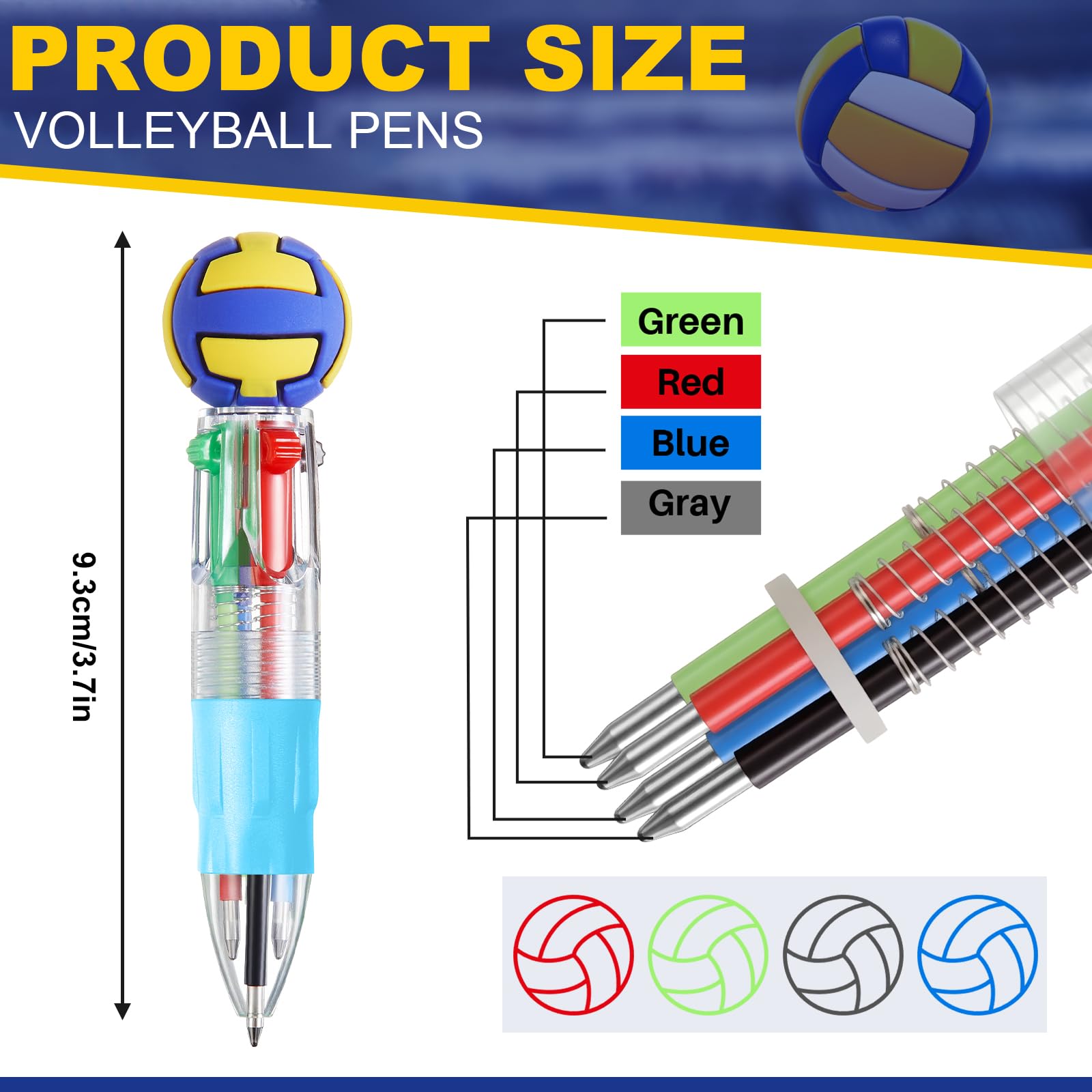 Kosiz 24 Pack Volleyball Party Favors Multicolor 4 in 1 0.5mm Ballpoint Pen