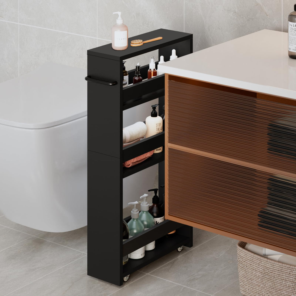 MARTY Slim Rolling Storage Cart, Wood Utility Kitchen Bathroom Laundry Cart